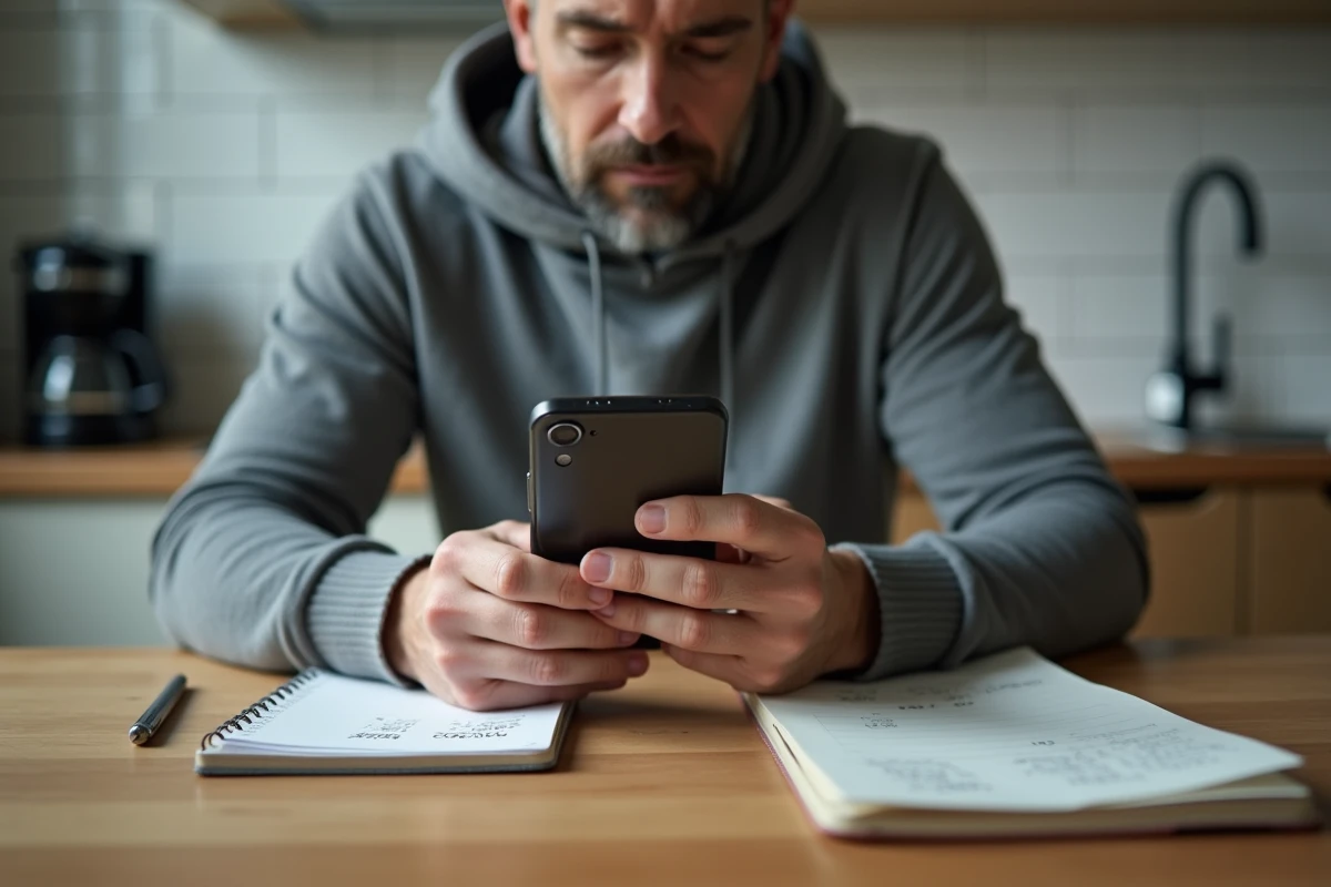 Homme assis à une table en bois consultant une application de conversion de pas en kilomètres sur son smartphone