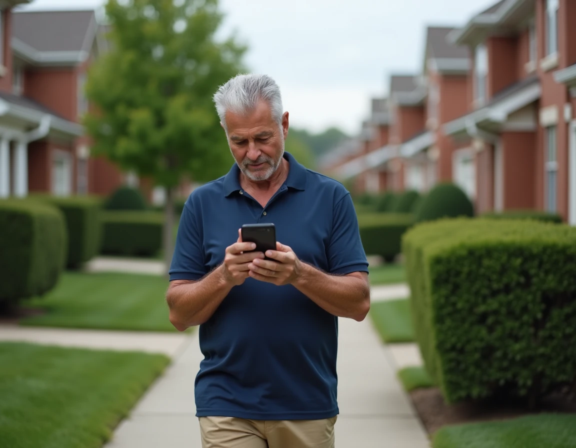 Homme de 55 ans vérifiant son application de comptage de pas sur smartphone lors d'une promenade en quartier résidentiel