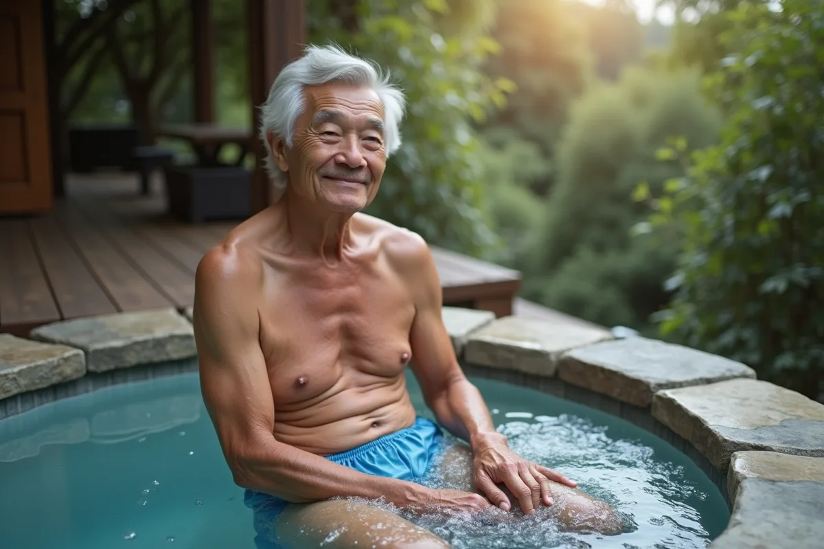 Homme âgé souriant dans un bain extérieur entouré de nature