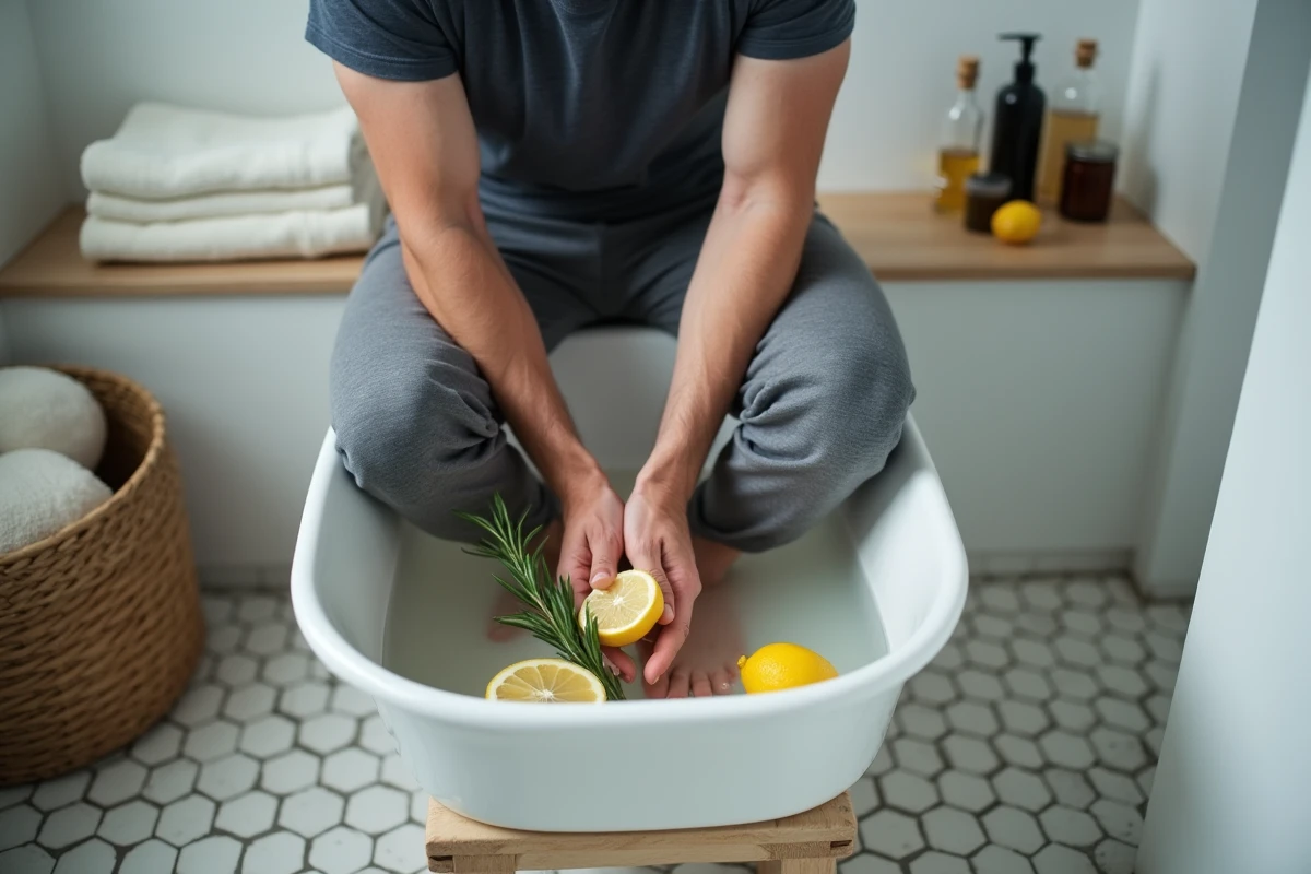 Homme soulageant une épine calcanéenne en trempant ses pieds dans un bain aux herbes naturelles
