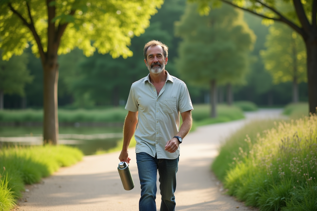 Homme marche dans un parc vert avec une bouteille d