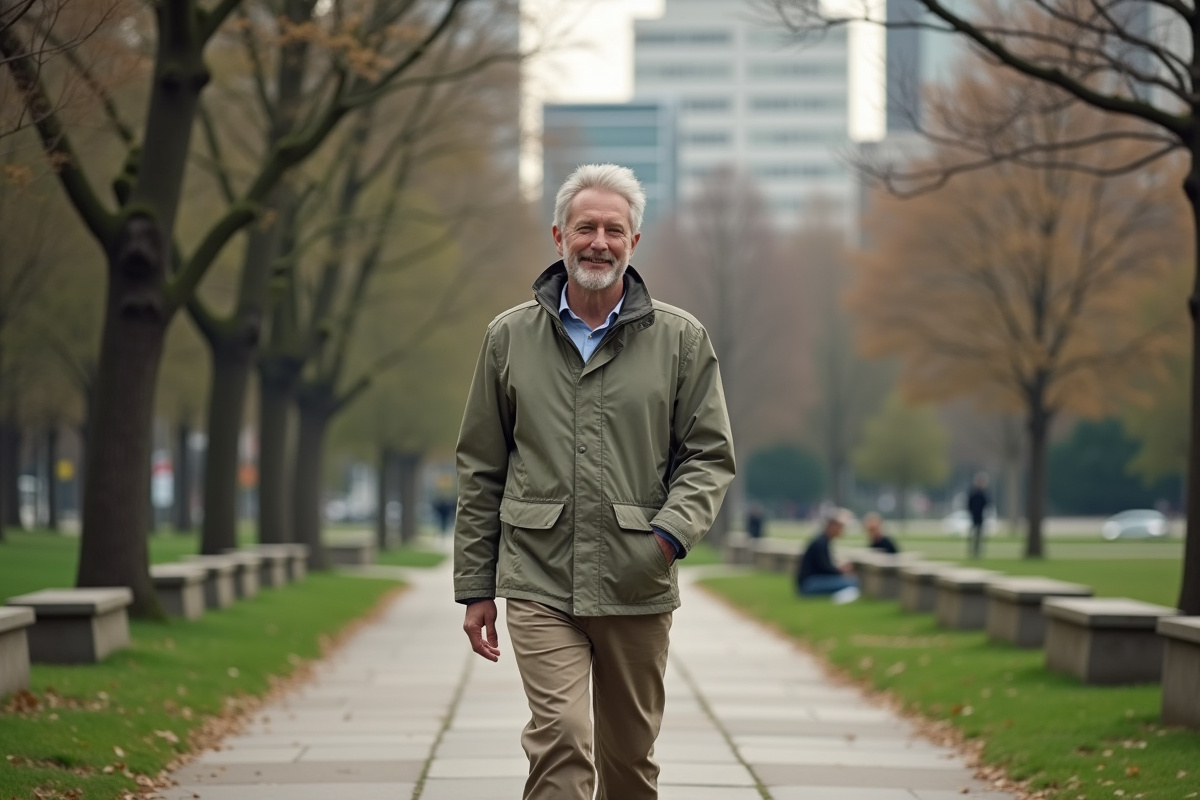 Homme marchant dans un parc urbain calme et verdoyant