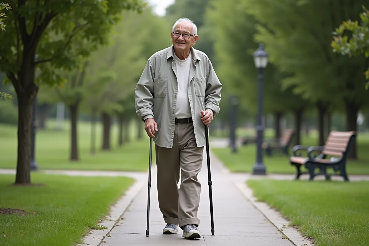 Homme âgé marchant dans un parc urbain en pleine nature