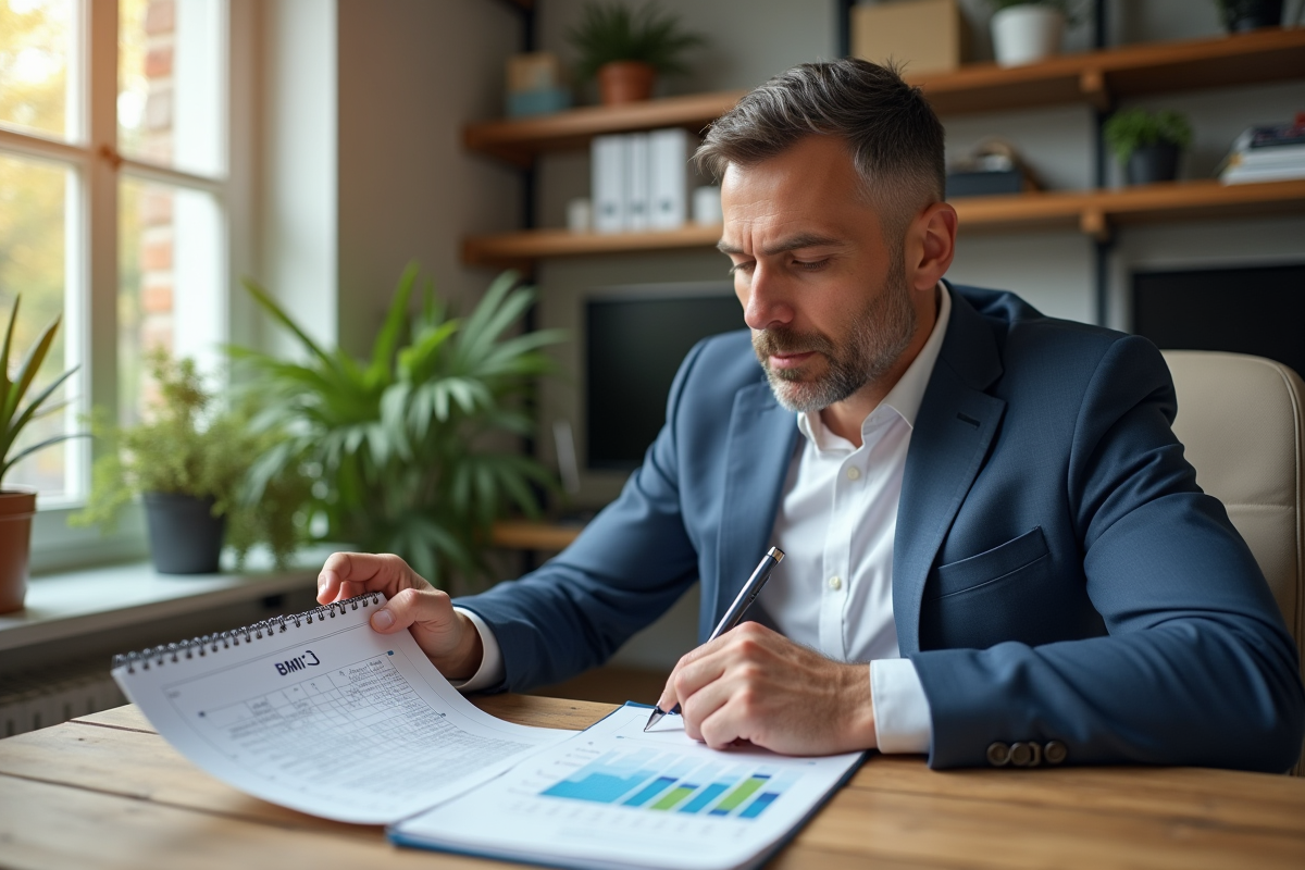Homme d'âge moyen regardant un graphique BMI au bureau