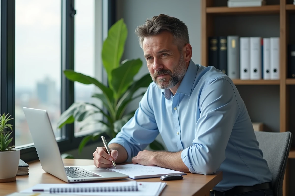 Homme au bureau avec ordinateur et carnet de notes