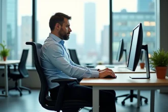 Homme de bureau ajustant un soutien lombaire ergonomique