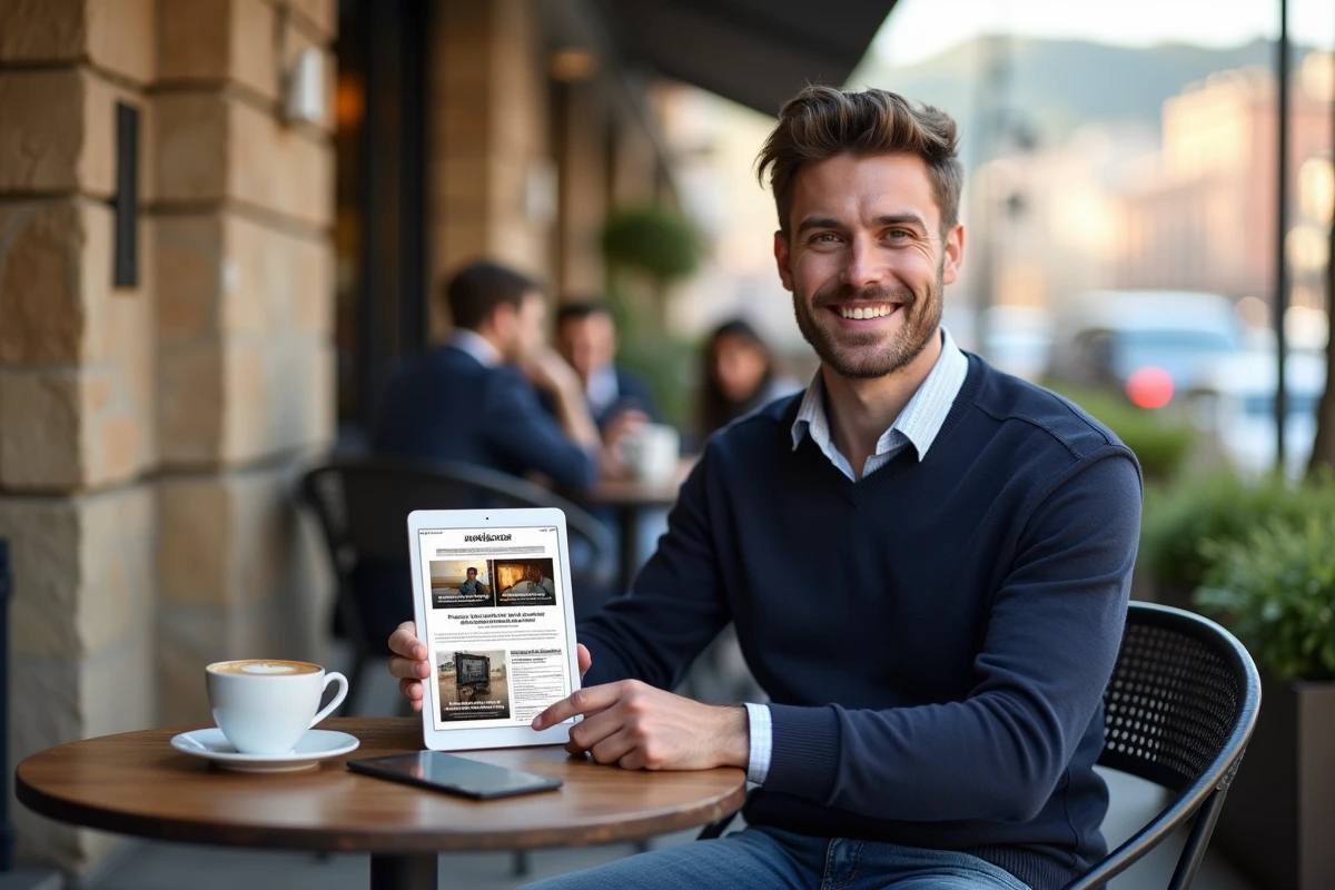 Homme souriant au café lisant un article de Garan Cedore