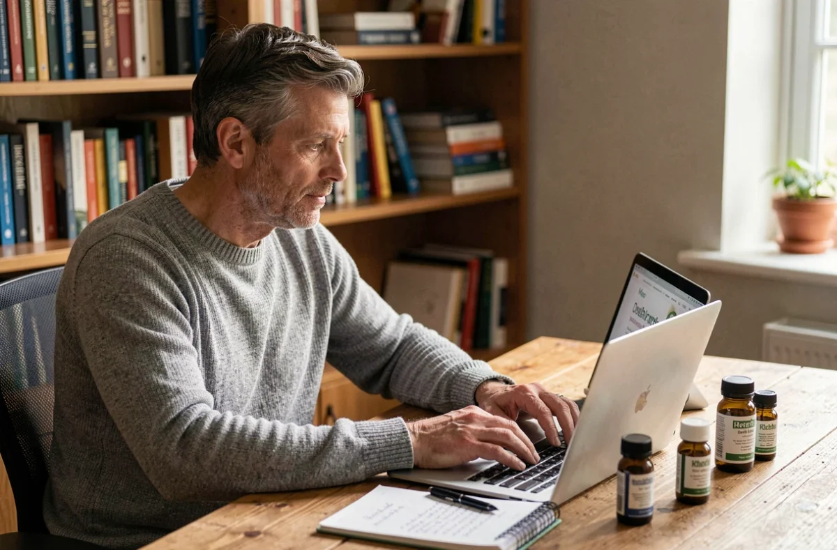 Homme consultant un site de phytothérapie sur ordinateur portable avec des bouteilles de remèdes naturels posées sur son bureau