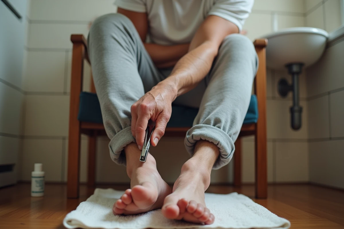 Homme âgé coupant ses ongles de pieds ramollis avec un coupe-ongles après un bain de pieds à domicile