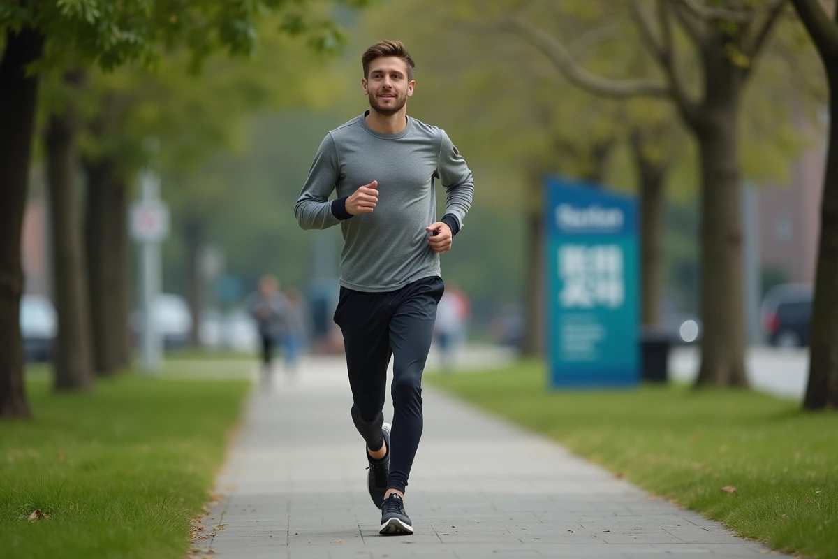 Jeune homme courant dans un parc urbain verdoyant