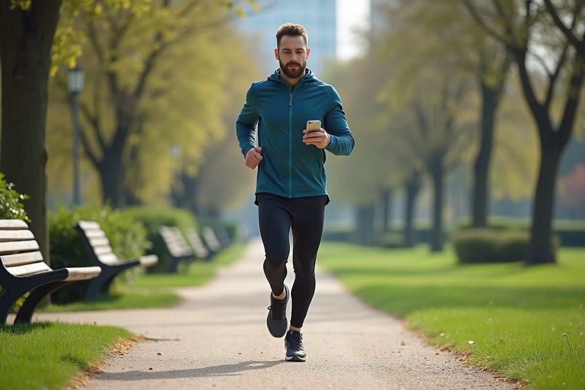 Homme courant dans un parc urbain au printemps