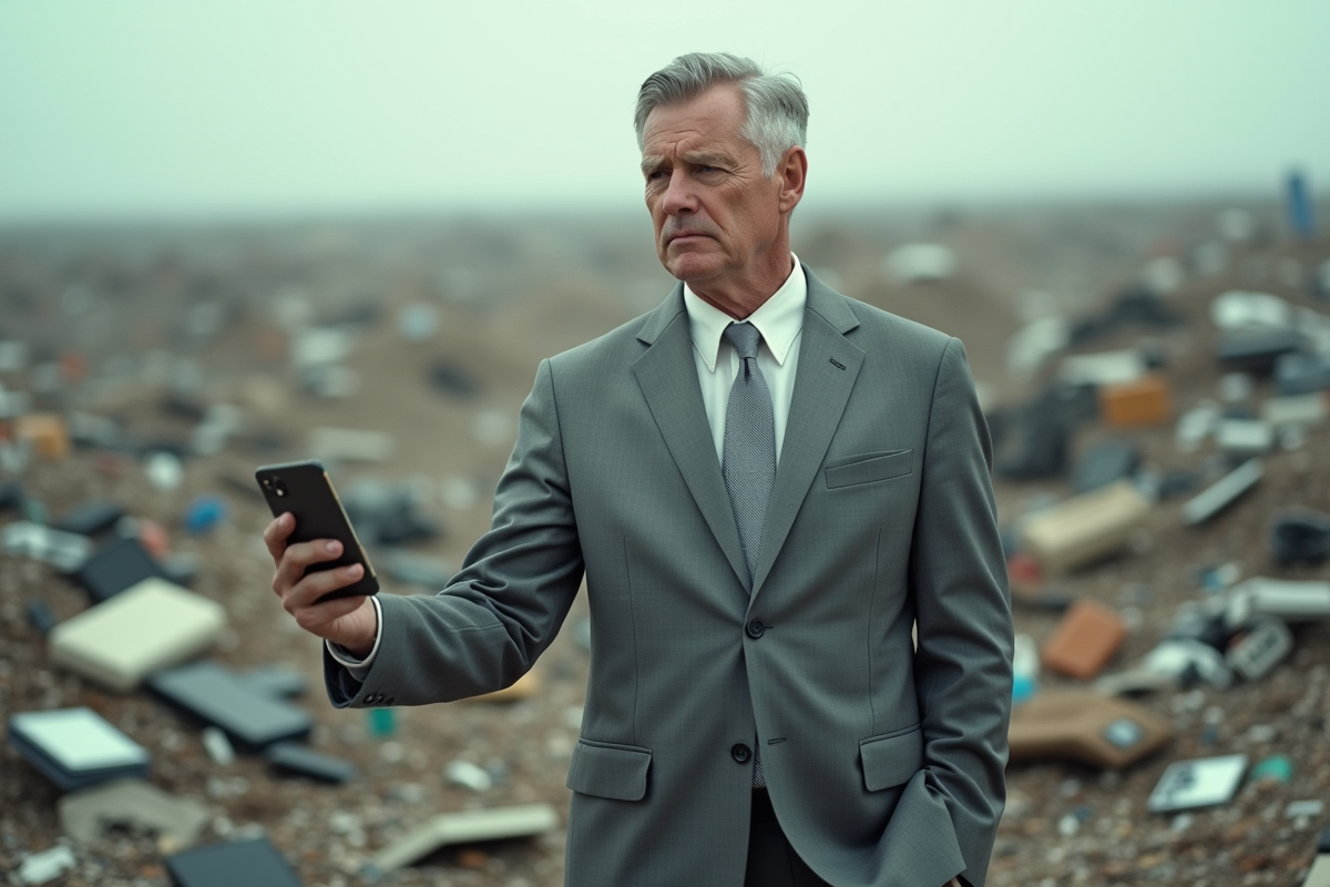 Homme avec smartphone cassé dans une décharge