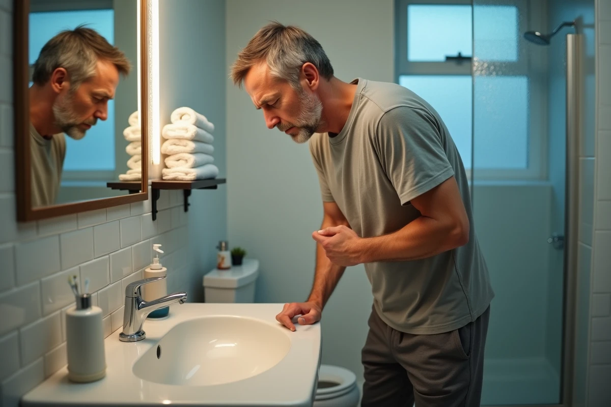 Homme se tenant au lavabo de la salle de bain en malaise