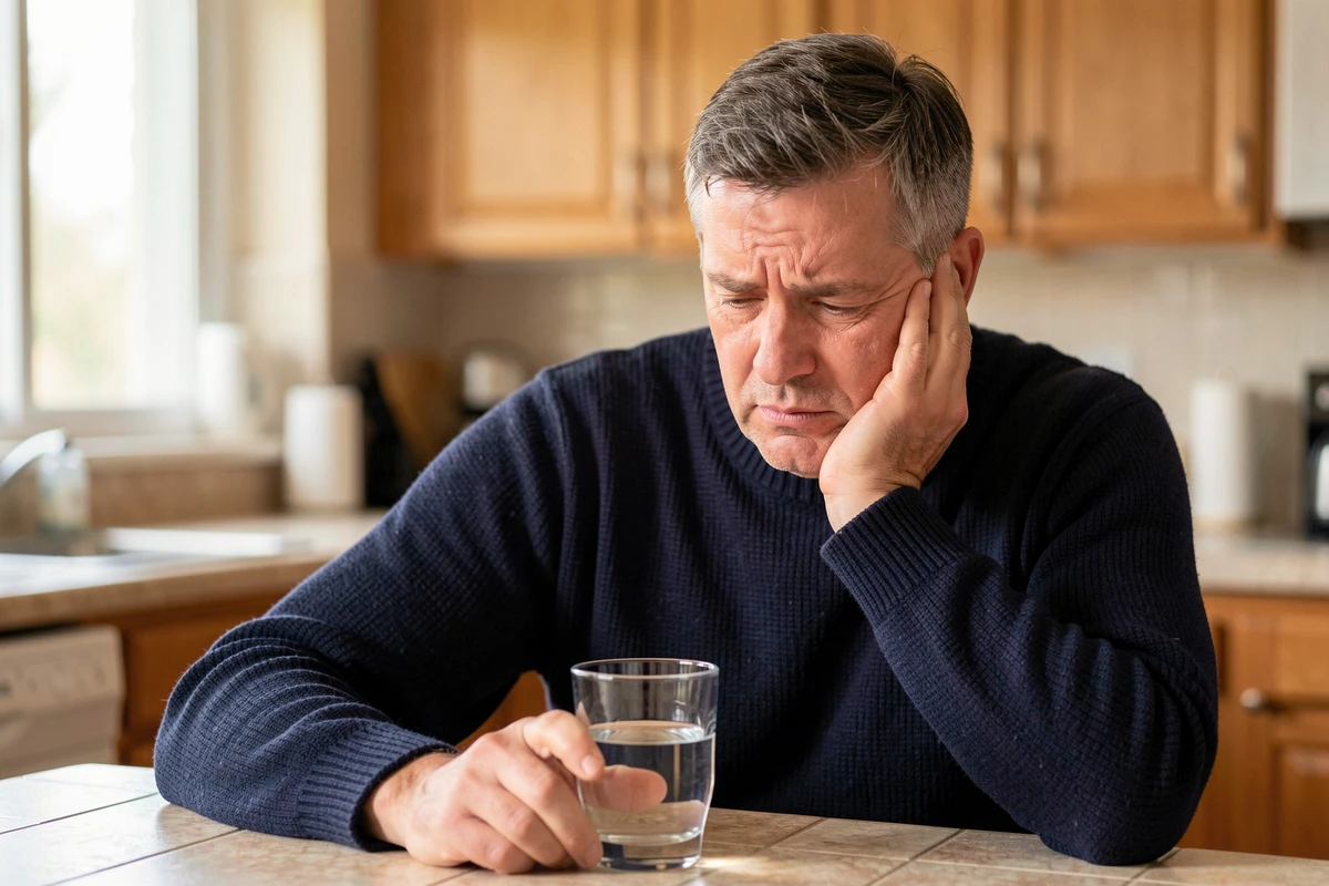 Homme souffrant d'une douleur dentaire persistante à domicile après une dévitalisation