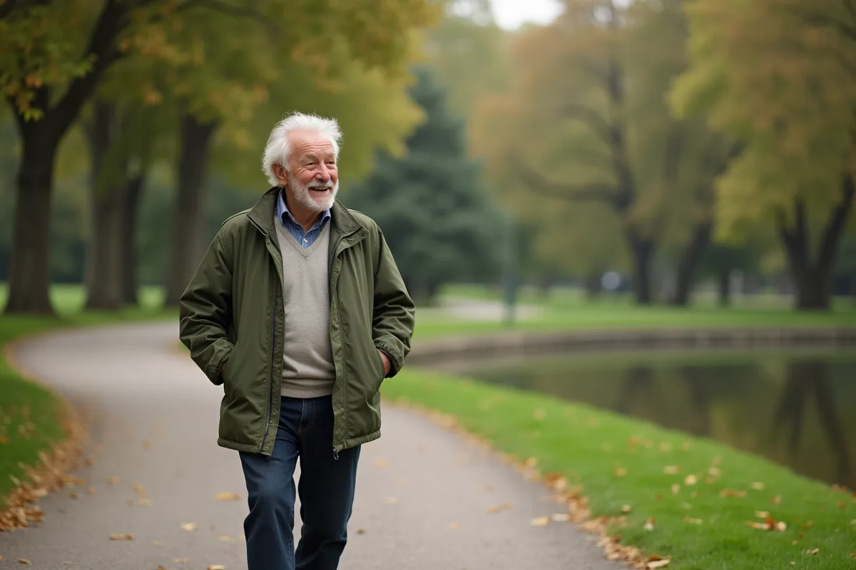 Homme âgé marchant dans un parc paisible