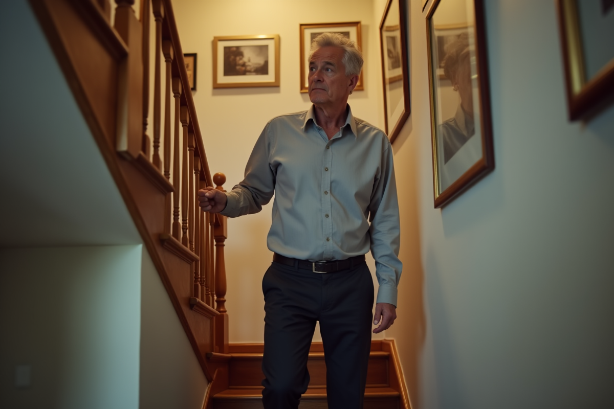 Homme fatigué dans un couloir de maison en montant l