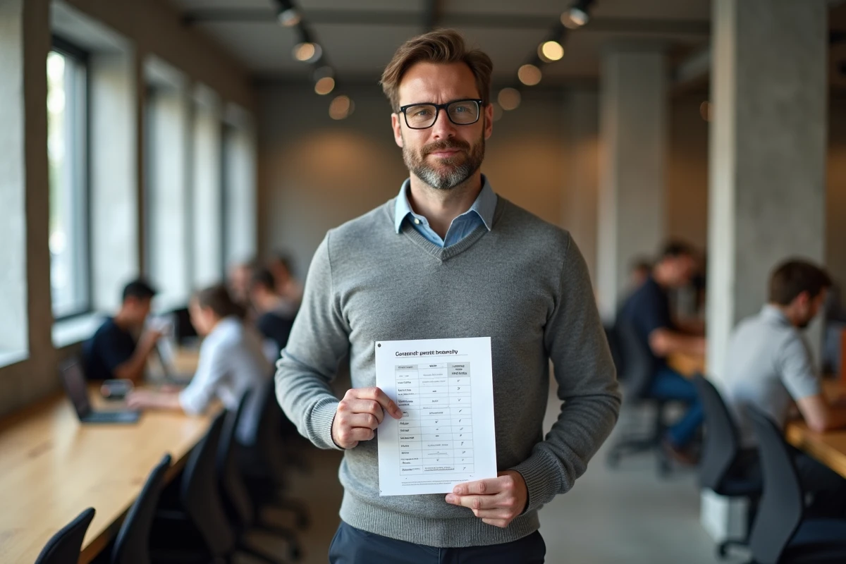 Homme évaluant le rapport qualité-prix de Reborn21 dans un espace de coworking contemporain