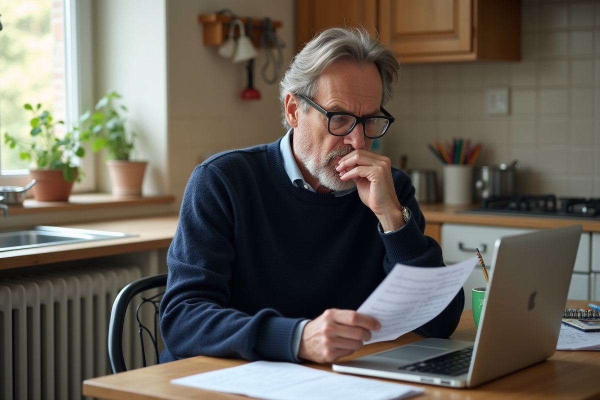 Homme français lisant un papier dans sa cuisine