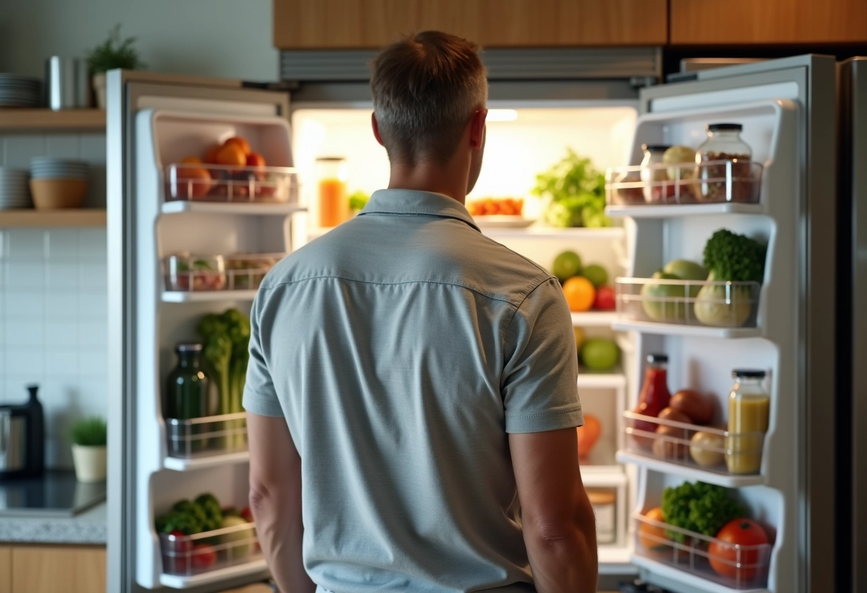 Homme regardant le frigo rempli d