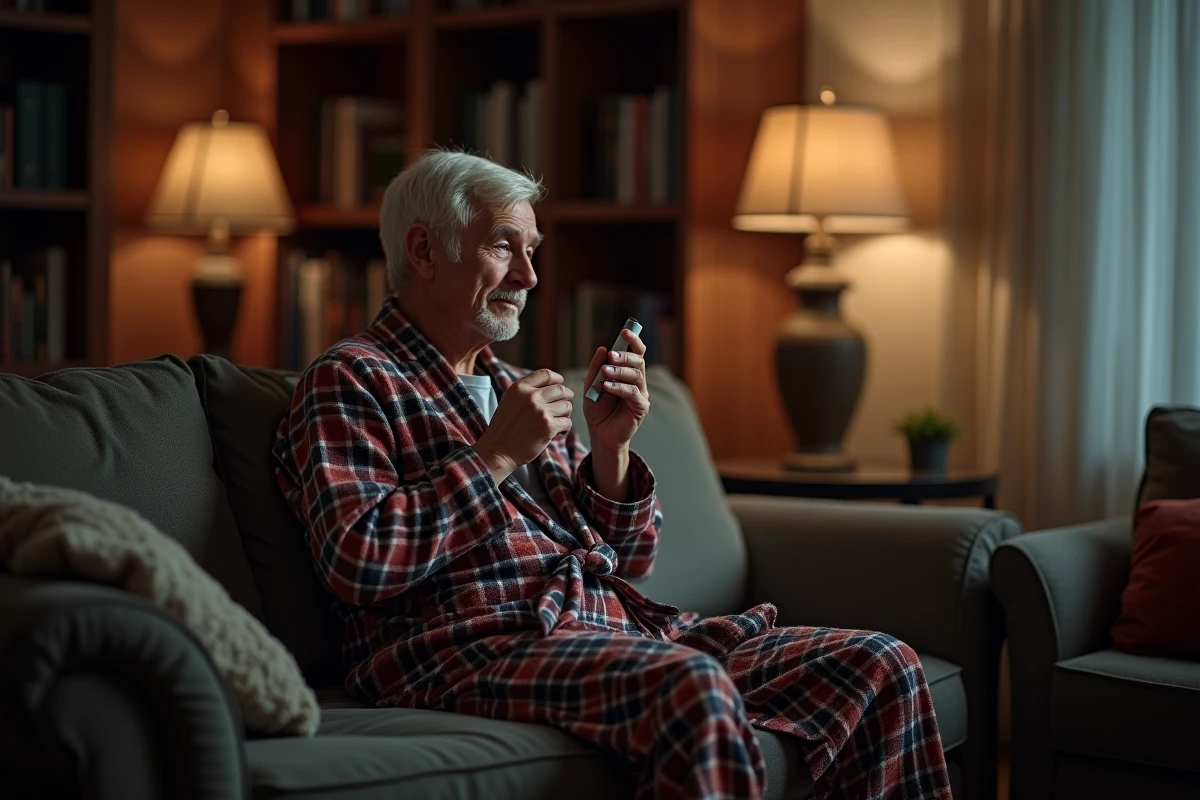 Homme âgé avec inhalateur assis sur un canapé en soirée