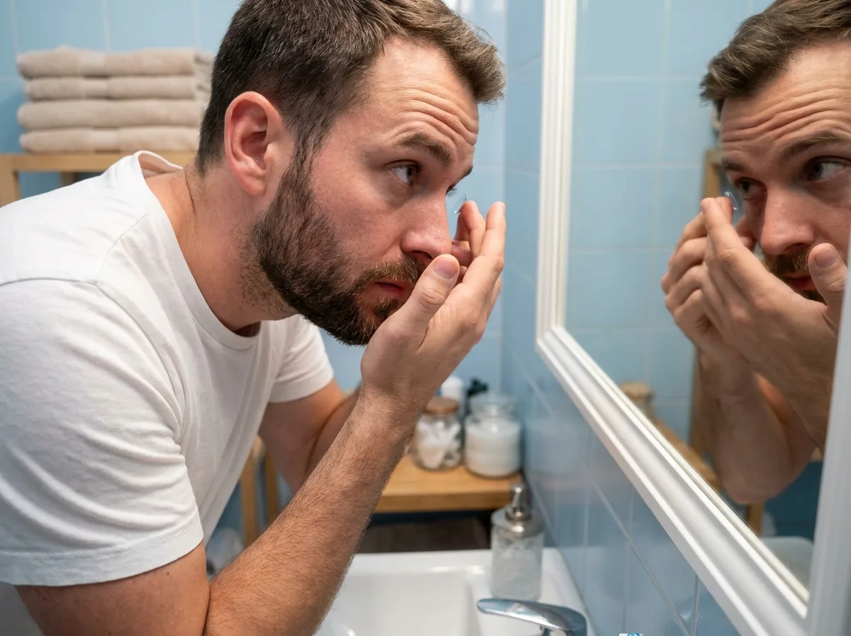 Homme concentré insérant une lentille de contact dans la salle de bain