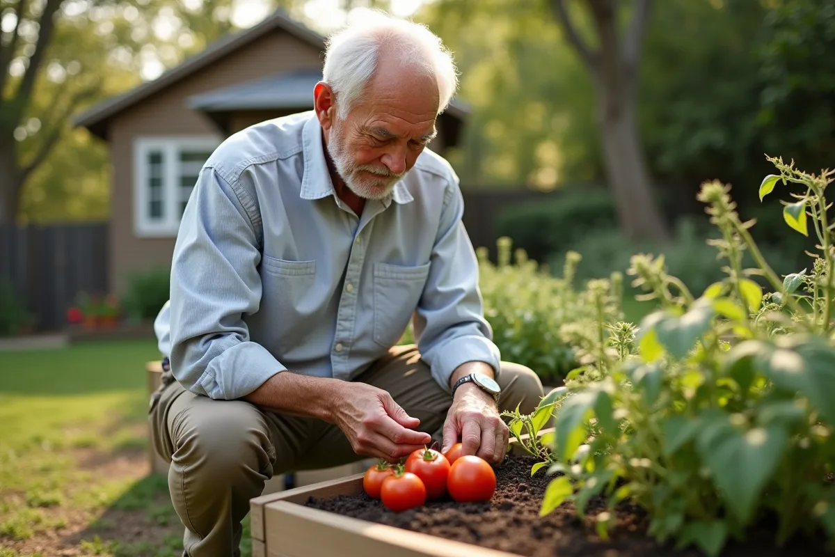 Homme âgé cultivant ses tomates dans le jardin