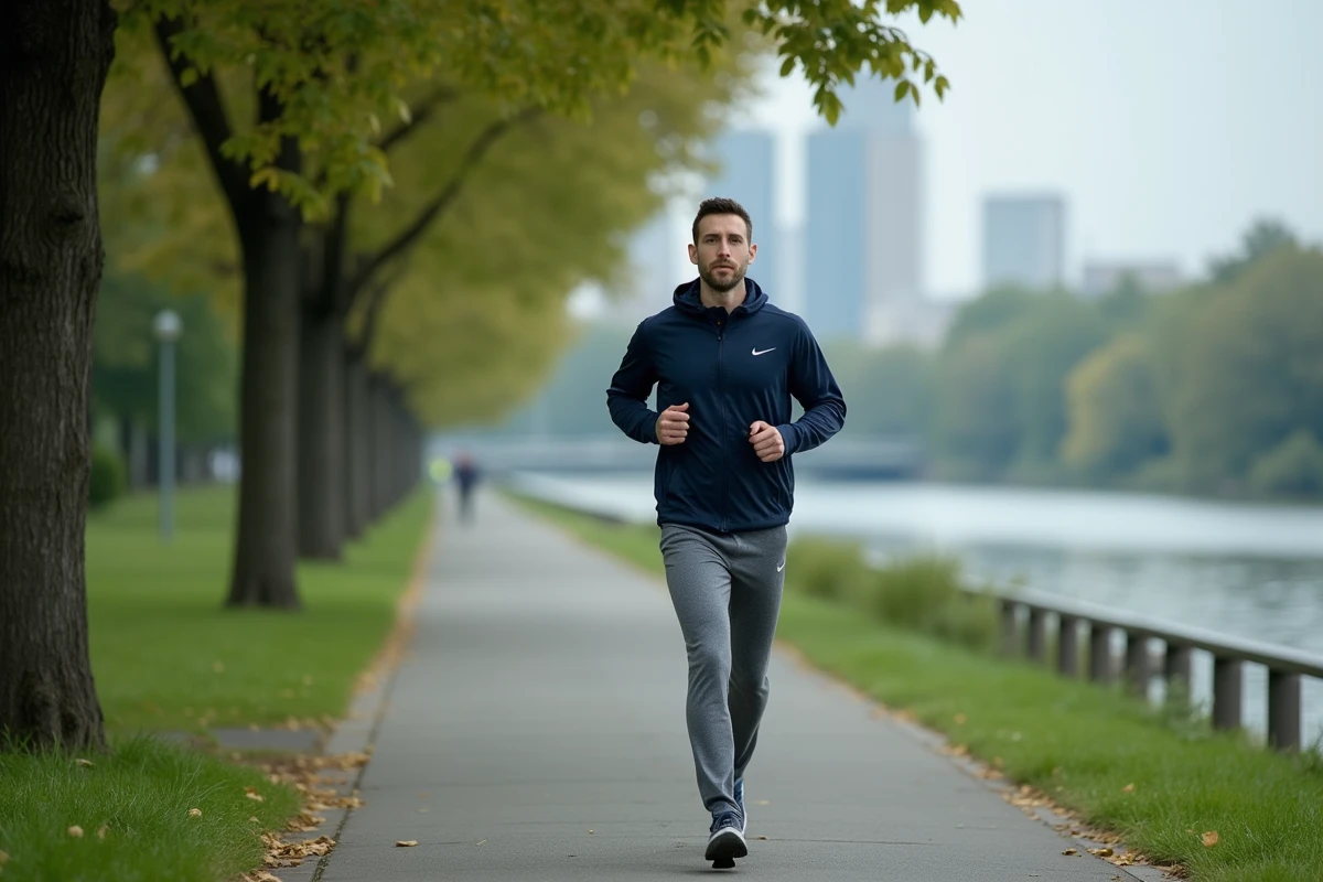 Homme en train de courir dans un parc urbain au bord de l'eau, symbolisant les bienfaits physiques et mentaux d'un mois sans consommation d'alcool