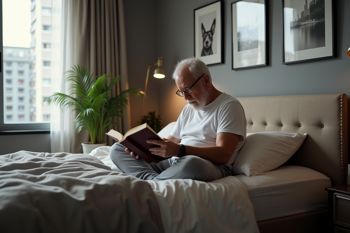 Homme âgé lisant dans sa chambre urbaine