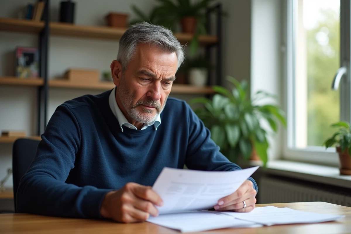Homme d'âge moyen lisant des papiers à la maison