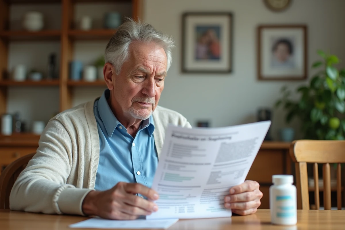 Homme âgé consulte ses résultats médicaux à la maison
