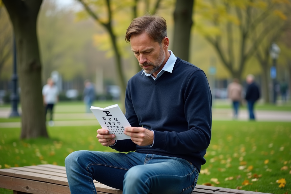 Homme d'âge moyen lisant un tableau optique dans un parc urbain