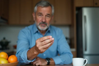 Homme d'âge moyen examinant son ongle dans la cuisine