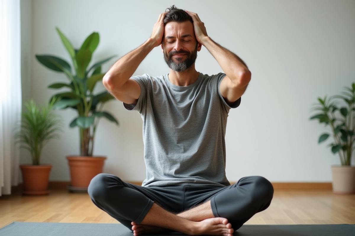 Homme en relaxation effectuant un massage du cuir chevelu