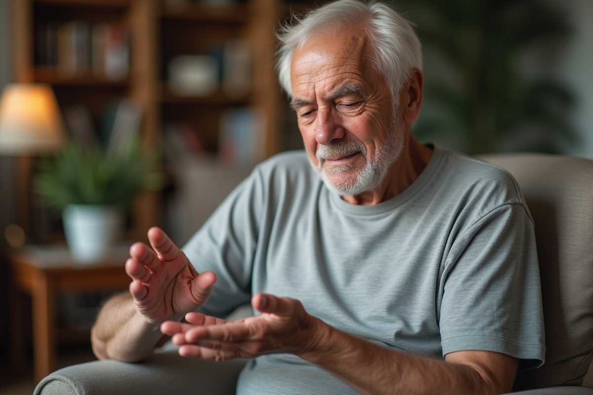 Homme âgé se massant la paume dans un salon paisible