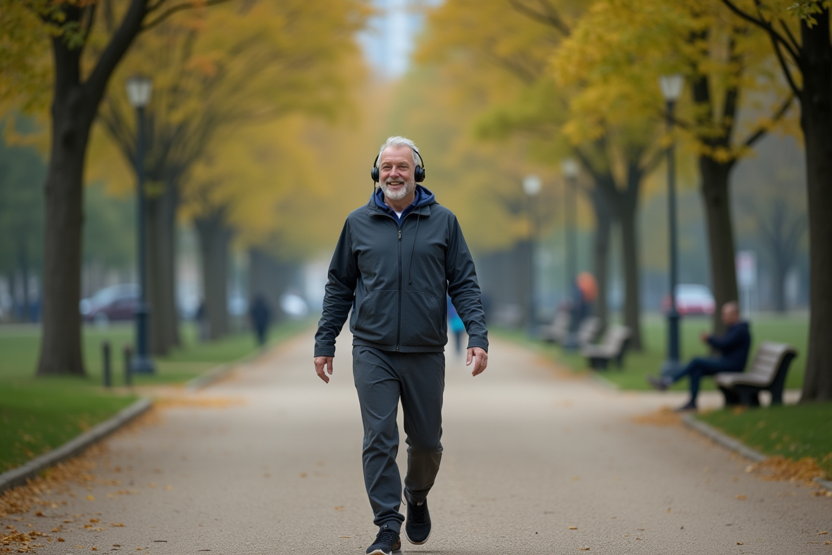 Homme en promenade matinale dans un parc urbain