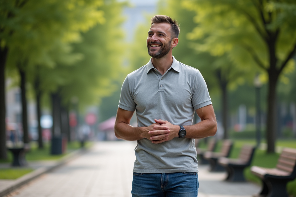 Homme souriant dans un parc urbain en pleine nature