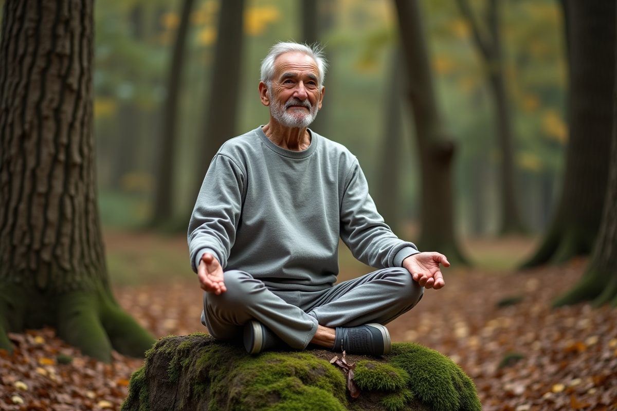 Homme âgé méditant dans la forêt sur un rocher