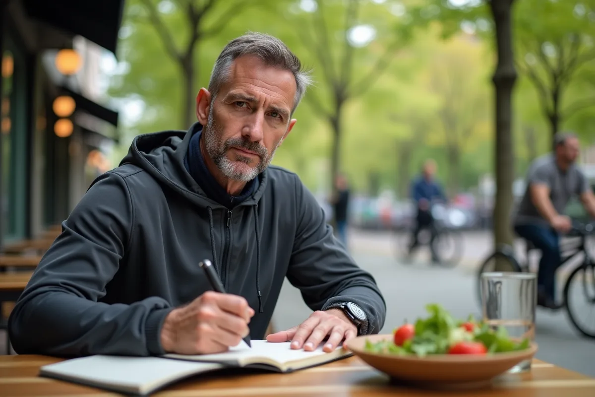 Homme écrivant dans un journal alimentaire en extérieur