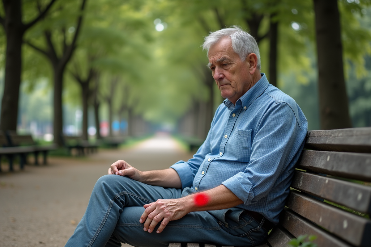 Homme montrant une cicatrice sur sa jambe dans un parc