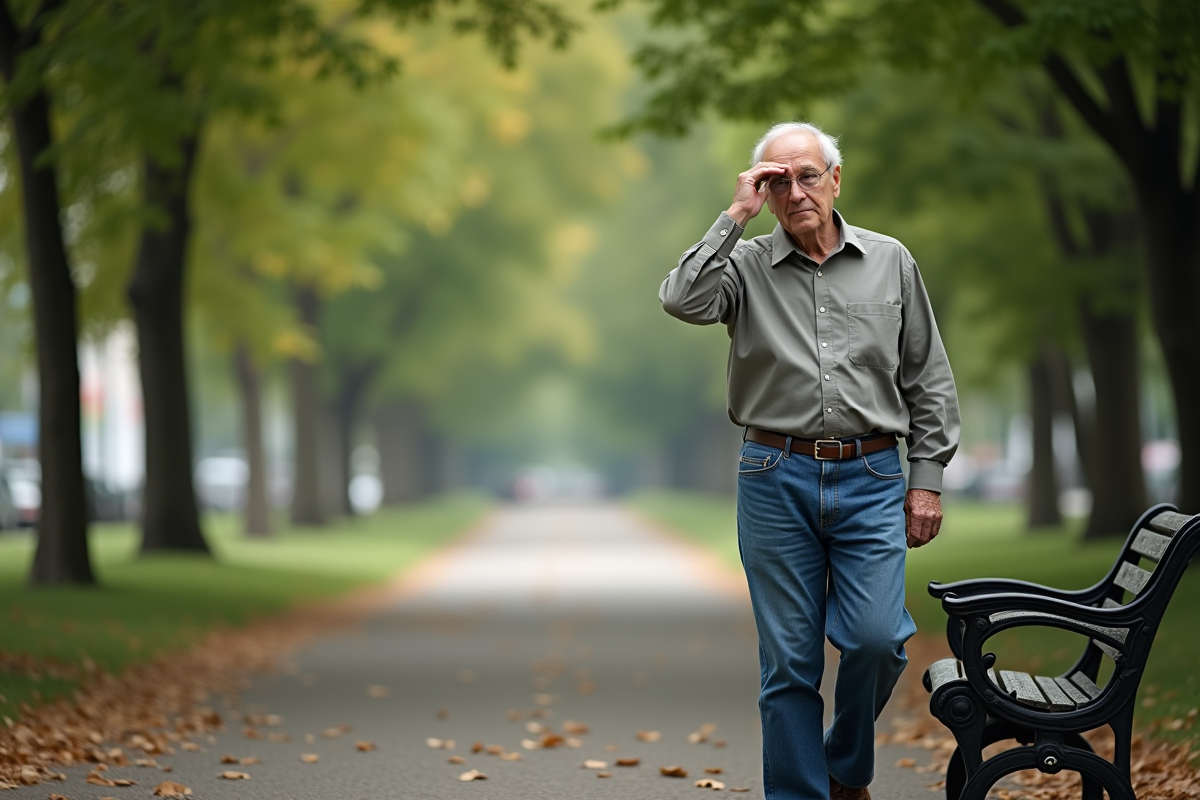 Homme âgé marchant dans un parc urbain en contemplation