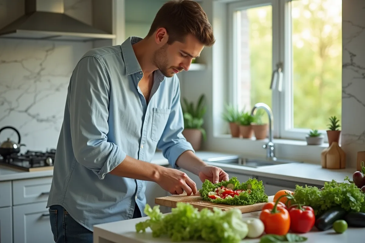 Jeune homme préparant une salade dans une cuisine moderne