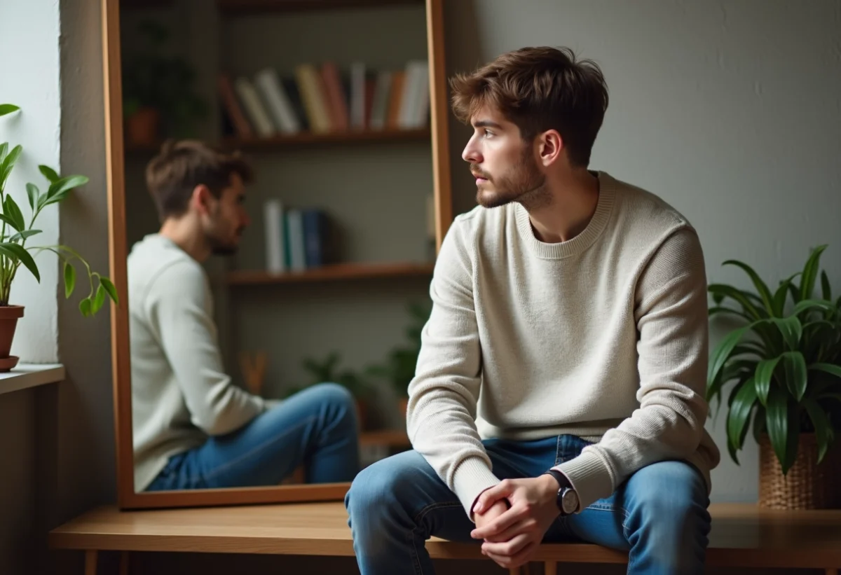 Jeune homme en réflexion dans un salon minimaliste