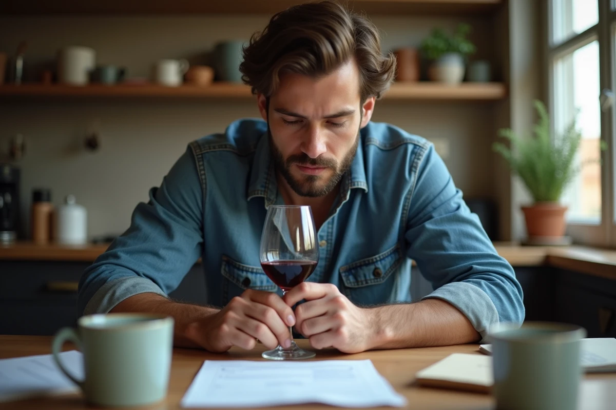Homme pensif avec verre de vin dans sa cuisine