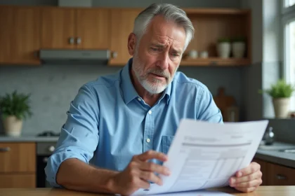 Homme d'âge moyen examine un rapport de test hépatique à la maison