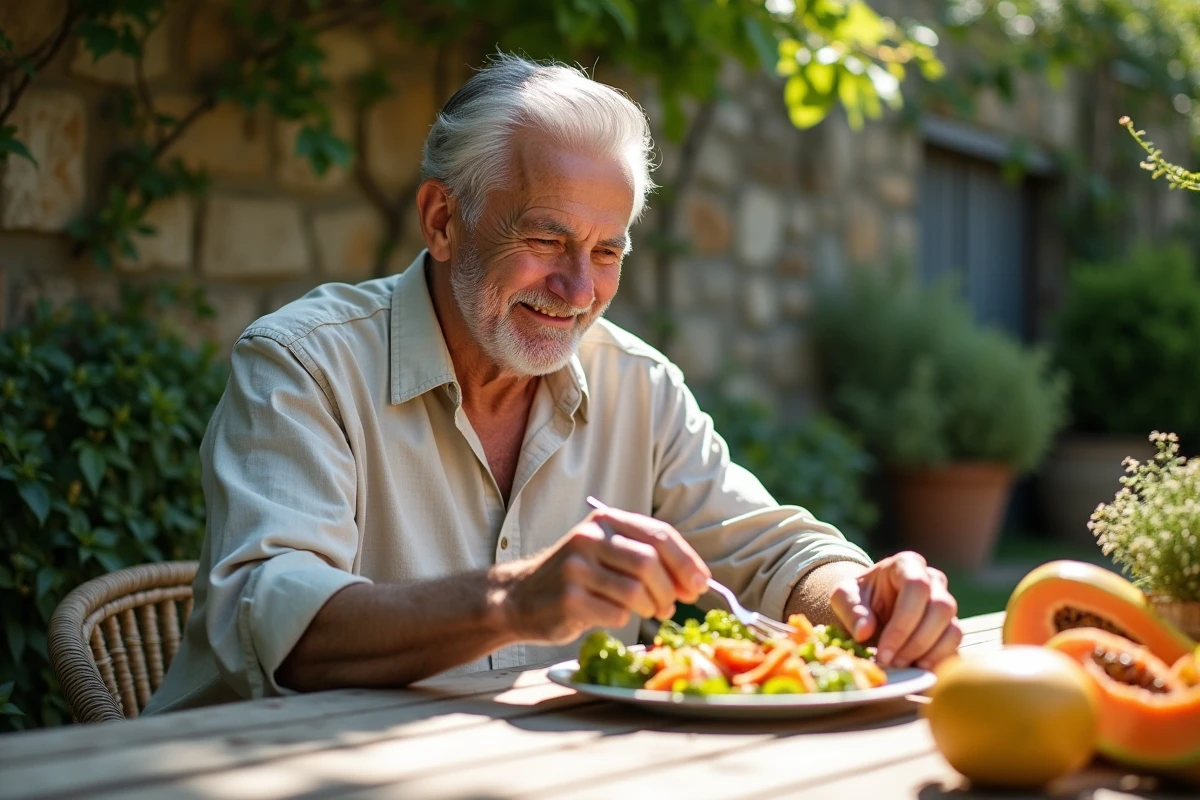 Homme âgé préparant une salade de papaya en extérieur