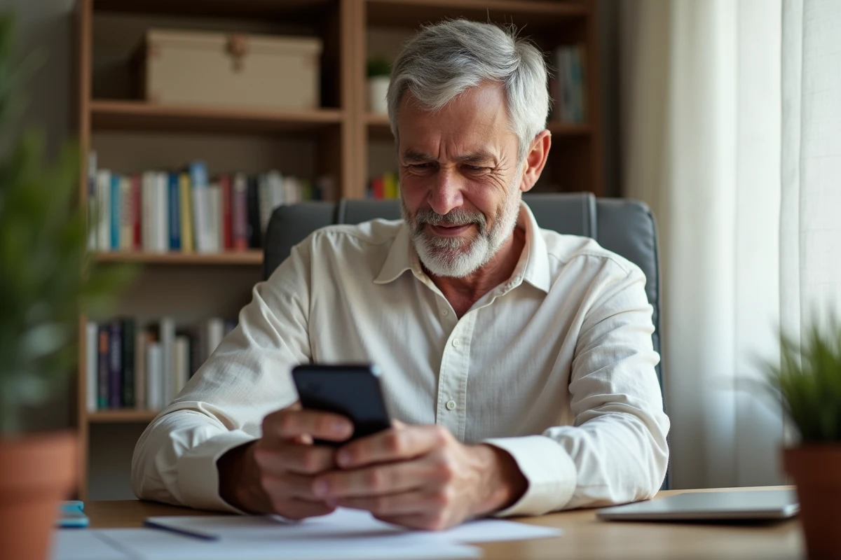 Homme senior consultant le site kine-services.com sur son smartphone pour trouver un kinésithérapeute à domicile