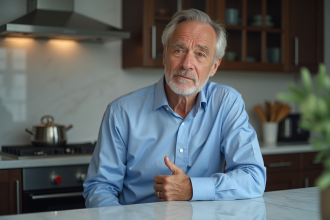 Homme d'âge moyen inquiet assis à la cuisine