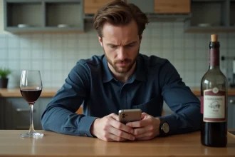 Homme examinant une application simulateur d'alcool sur son smartphone à une table de cuisine avec un verre de vin