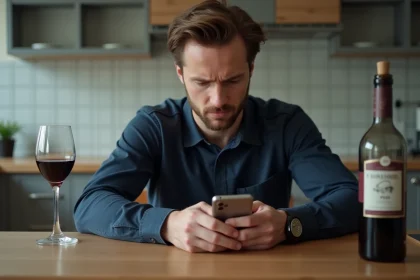 Homme examinant une application simulateur d'alcool sur son smartphone à une table de cuisine avec un verre de vin