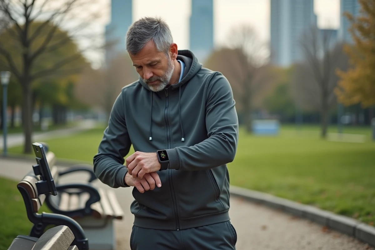 Homme en tenue de sport utilisant un tracker dans un parc urbain